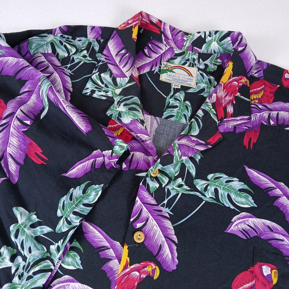 Paradise Found Mens 4XL Hawaiian Shirt Black Parrot Tropical Rayon Hawaii